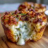 Funeral potatoes muffin cups with creamy potatoes, cheese, and crunchy cornflake topping in a golden muffin tin.