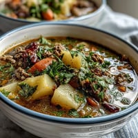 Hearty Shepherds Pie Soup with Ground Beef and Veggies in a savory broth, topped with fresh parsley.
