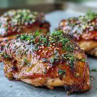 Honey Garlic Baked Chicken Thighs with a glossy glaze, golden brown and bubbling, garnished with fresh parsley and sesame seeds.