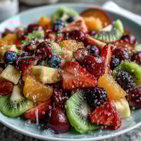 Vibrant rainbow fruit platter with strawberries, pineapple, kiwi, blueberries, grapes, orange, and watermelon served with coconut whipped cream.