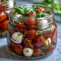 Mason Jar Caprese Salad with layers of cherry tomatoes, mozzarella, and basil, drizzled with balsamic dressing in a portable jar.