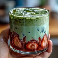 A vibrant strawberry matcha latte with oat milk, featuring layers of fresh strawberry puree, creamy oat milk, and earthy matcha.
