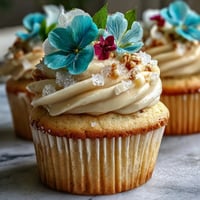 Beautiful vanilla cupcakes with edible spring flowers, a perfect treat for celebrations and special moments.