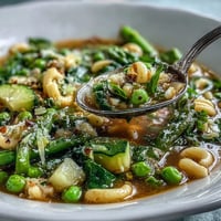 Vibrant Spring Minestrone soup overflowing with colorful garden vegetables and tender pasta.