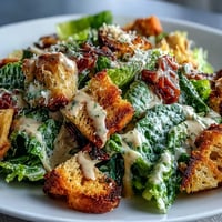 Creamy tahini Caesar salad with crisp romaine, bright lemon, and crunchy croutons.