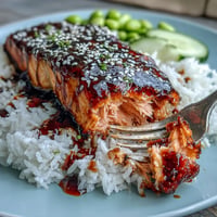 Glazed teriyaki salmon bowl: sweet glaze, fluffy rice, fresh edamame, crisp cucumber.