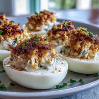 Crab Cake Deviled Eggs with Old Bay, topped with succulent crab.