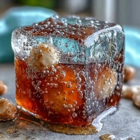 Lychee Agar Jelly Cubes in Sparkling Yuzu Water: translucent cubes in bubbly citrus drink.