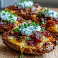 Loaded sweet potato skins with melted cheddar and smoky bacon, baked until golden.