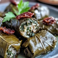 Tender Kurdish Dolma, plump stuffed grape leaves brimming with savory herbed rice.