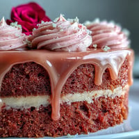 Elegant pink Bridal Shower Rosé Velvet Cake with shimmering gold drip.