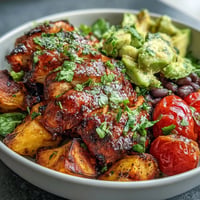 Smoky BBQ chicken bowls loaded with vibrant sweet potatoes and black beans.